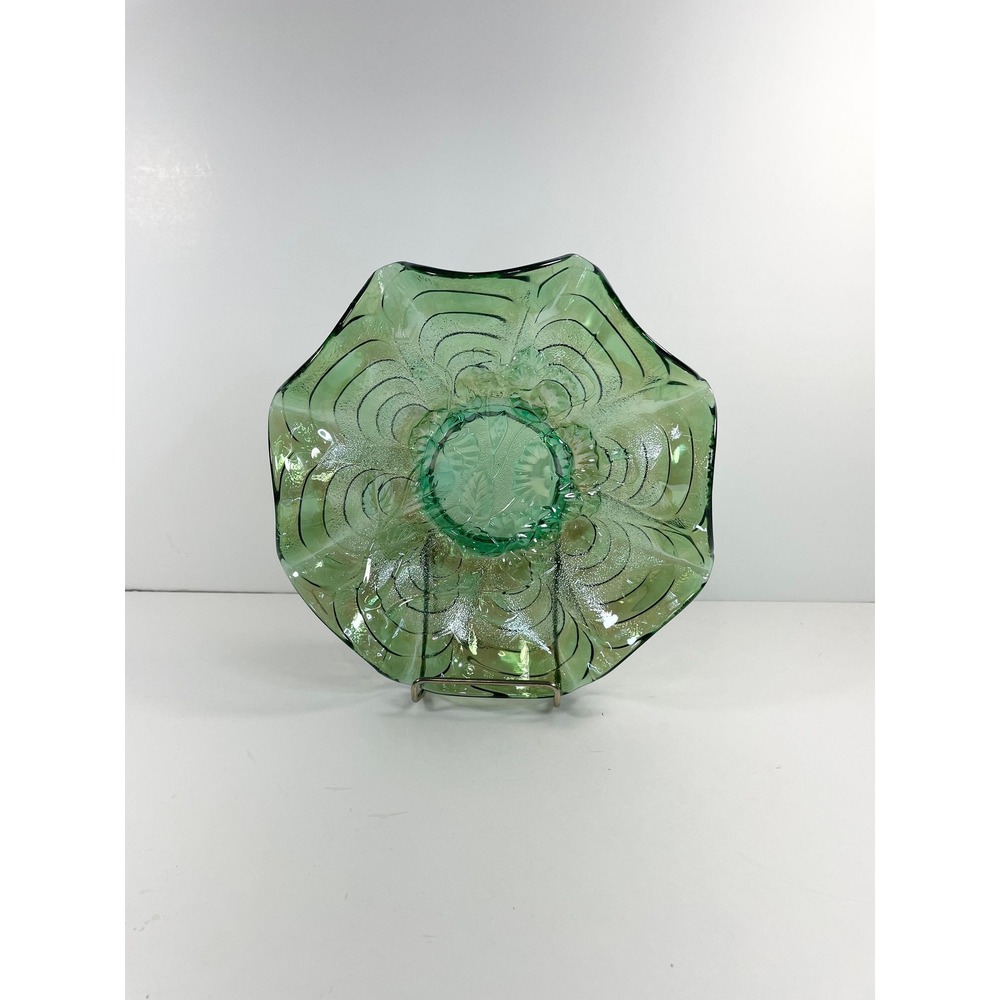 Vtg Imperial Carnival Glass Green Iridescent Pansy Ruffle Bowl Retro